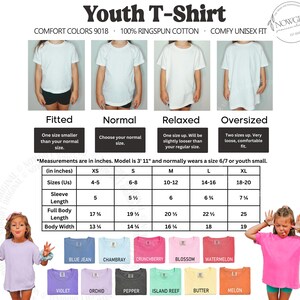 May include: White youth t-shirts in fitted, normal, relaxed, and oversized styles. The image includes a size chart with measurements in inches for XS to XL sizes. The shirts are made of 100% ringspun cotton and are available in various colors.