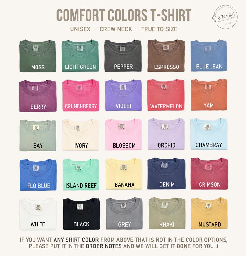 Puede incluir: Una cuadr&iacute;cula de camisetas unisex de cuello redondo Comfort Colors en varios colores, incluyendo musgo, verde claro, pimienta, espresso y azul vaquero. Otros colores son bayas, crunchberry, violeta, sand&iacute;a y &ntilde;ame. Colores adicionales incluyen bah&iacute;a, marfil, flor, orqu&iacute;dea, chambray, azul flo, arrecife de la isla, pl&aacute;tano, mezclilla, carmes&iacute;, blanco, negro, gris, caqui y mostaza.