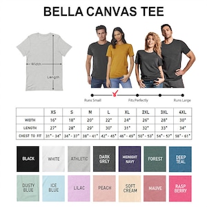 Puede incluir: Una tabla de tallas para camisetas Bella Canvas con medidas en pulgadas. La tabla muestra el ancho, la longitud y el pecho para las tallas XS a 4XL. La tabla tambi&eacute;n incluye una tabla de colores con 12 colores diferentes.
