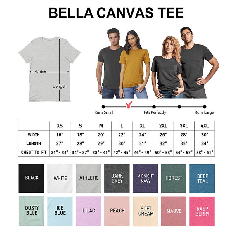 Puede incluir: Una tabla de tallas para camisetas Bella Canvas con medidas en pulgadas. La tabla muestra el ancho, la longitud y el pecho para las tallas XS a 4XL. La tabla tambi&eacute;n incluye una tabla de colores con 12 colores diferentes.