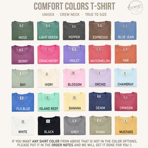 May include: A grid of Comfort Colors unisex crew neck t-shirts in various colors, including moss, light green, pepper, espresso, blue jean, berry, crunchberry, violet, watermelon, and yam. Additional colors are bay, ivory, blossom, orchid, chambray, flo blue, island reef, banana, denim, crimson, white, black, grey, khaki, and mustard.