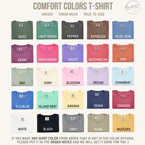 May include: A grid of Comfort Colors unisex crew neck t-shirts in various colors, including moss, light green, pepper, espresso, blue jean, berry, crunchberry, violet, watermelon, and yam. Additional colors are bay, ivory, blossom, orchid, chambray, flo blue, island reef, banana, denim, crimson, white, black, grey, khaki, and mustard.