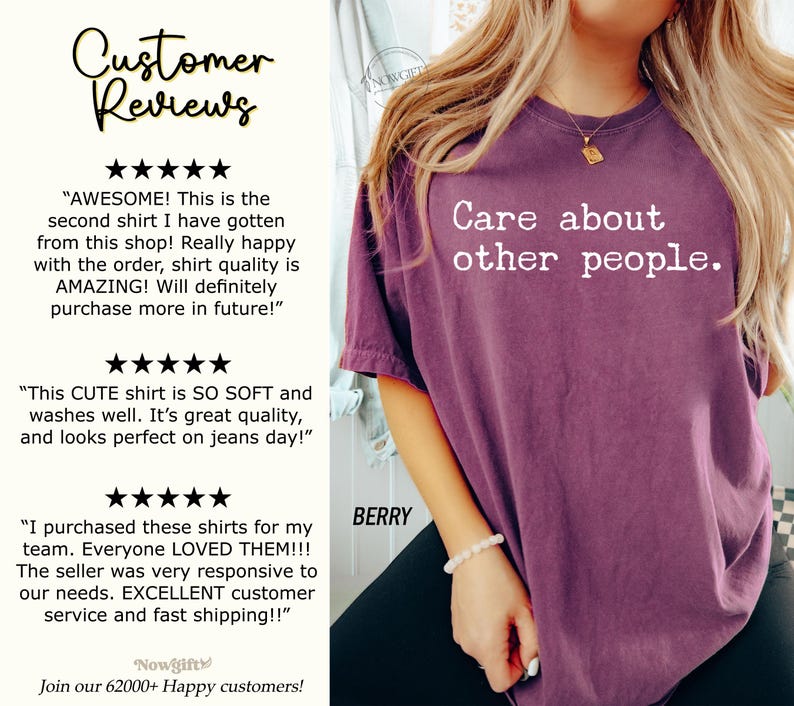 Puede incluir: Una camiseta morada con el texto "Care about other people." impreso en blanco. La camiseta est&aacute; siendo modelada por una persona. Las rese&ntilde;as de los clientes se muestran en el lado izquierdo de la imagen.