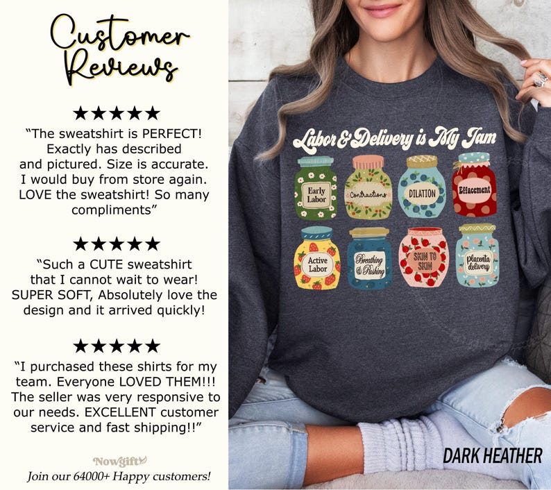 May include: A dark heather grey sweatshirt with the text "Labor & Delivery is My Jam" printed on the front. The text is surrounded by nine illustrated jars, each representing a different stage of labor. The jars are decorated with flowers, berries, and other details.