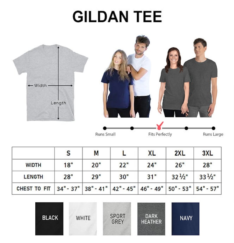Puede incluir: Tabla de tallas para camisetas Gildan, que muestra el ancho, la longitud y la circunferencia del pecho en pulgadas para las tallas S a 3XL. La tabla tambi&eacute;n incluye opciones de color: negro, blanco, gris deportivo, gris oscuro jaspeado y azul marino.