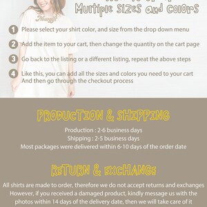 May include: A graphic with instructions on how to order multiple sizes and colors of shirts. The graphic includes a numbered list of steps and information about production and shipping times. It also includes information about returns and exchanges.