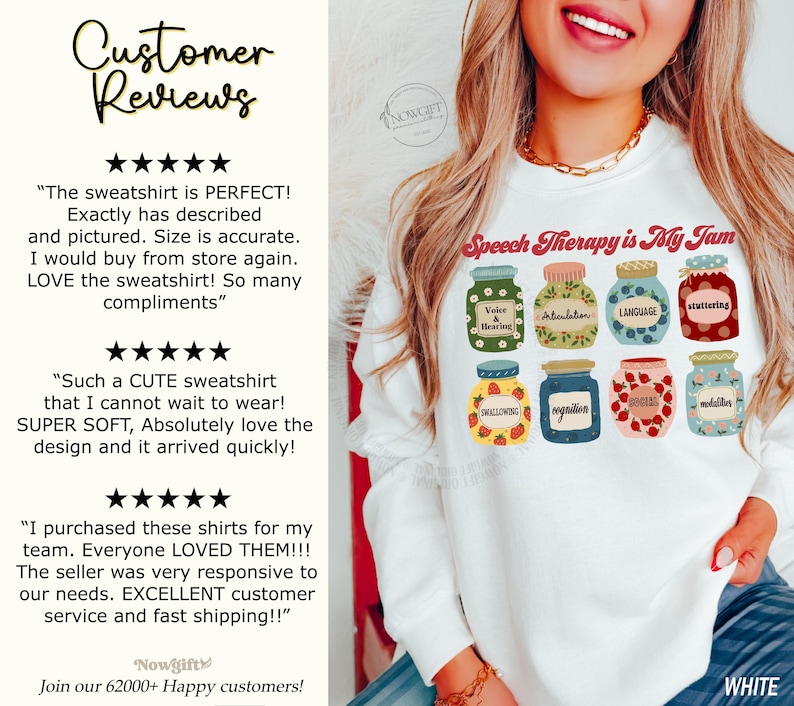 May include: White sweatshirt with the text "Speech Therapy is My Jam" and a graphic of eight jars with different speech therapy related words on them. The jars are decorated with flowers and strawberries.