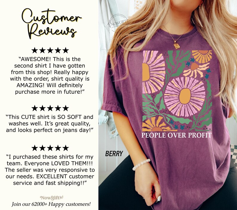 May include: Purple t-shirt with a floral design and the text "PEOPLE OVER PROFIT". The shirt is made of a soft, comfortable material and has a relaxed fit.