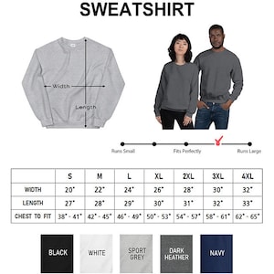 May include: Size chart for a sweatshirt with measurements in inches for width, length, and chest to fit. The chart shows sizes from S to 4XL. The sweatshirt is available in six colors: black, white, sport grey, dark heather, and navy.