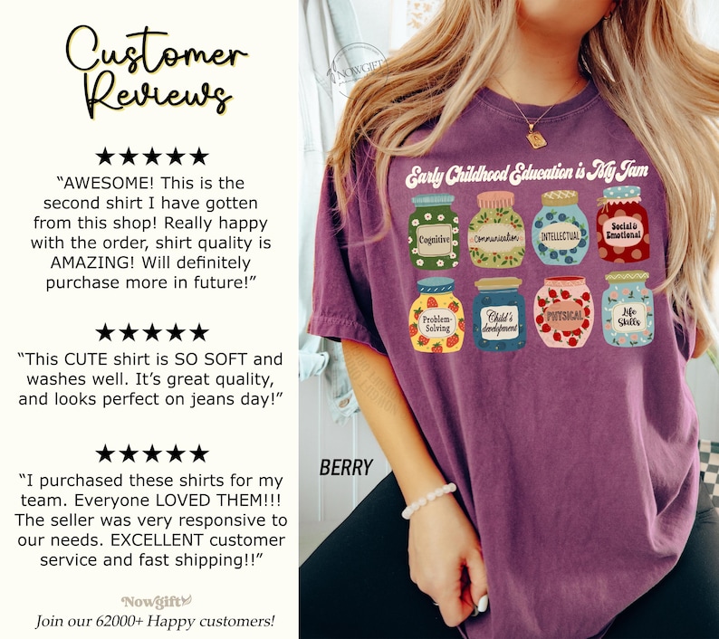 Puede incluir: Camiseta morada con el texto "Early Childhood Education is My Jam" y un gr&aacute;fico de ocho frascos con diferentes etiquetas relacionadas con el desarrollo de la primera infancia. Las etiquetas incluyen "Cognitive", "Communication", "Intellectual", "Social Emotional", "Problem Solving", "Child's Development", "Physical" y "Life Skills".