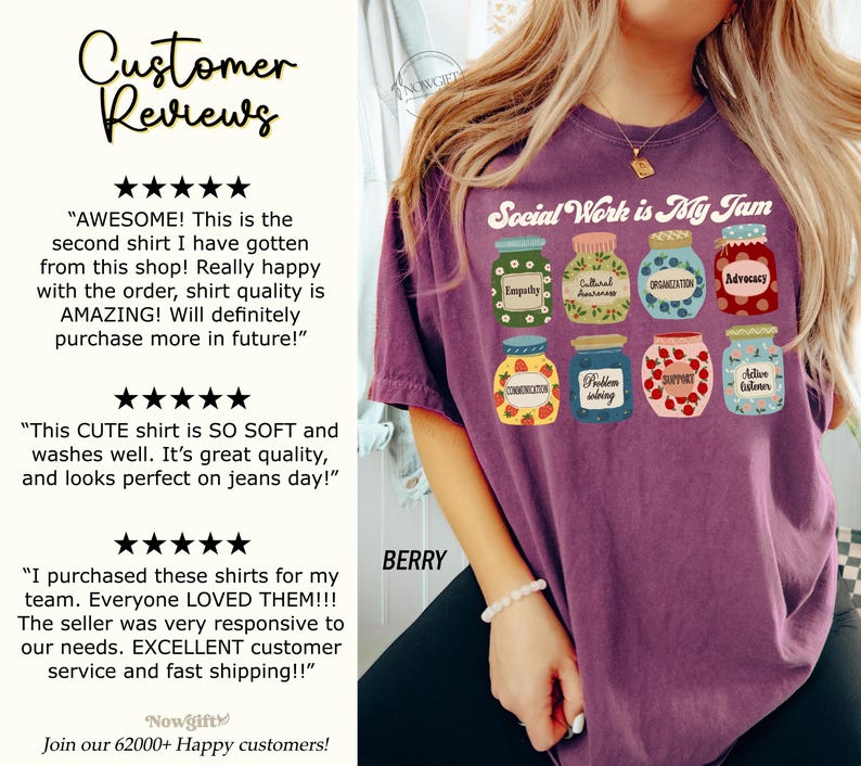 May include: Purple t-shirt with the text "Social Work is My Jam" and a graphic of jars with different social work skills listed on them. The skills include empathy, cultural awareness, organization, advocacy, communication, problem solving, support, and active listening.