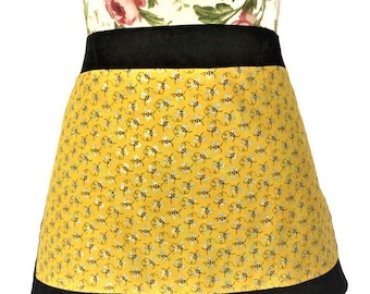 Delantal de camarera BUSY BUMBLEBEE con mascarilla a juego, delantal de camarero, delantales de camarero hechos a mano con tres bolsillos grandes.