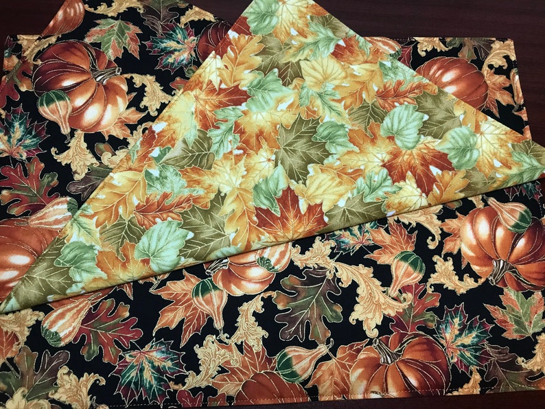 Reversible Pumpkin Harvest Table Placemats Autumn or Fall Leaves Sunflowers and Scarecrow Placemats Double Sided Dining Accent Set of 6 image 5