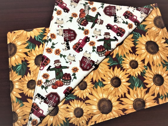 Reversible Pumpkin Harvest Table Placemats Autumn or Fall Leaves Sunflowers and Scarecrow Placemats Double Sided Dining Accent Set of 6