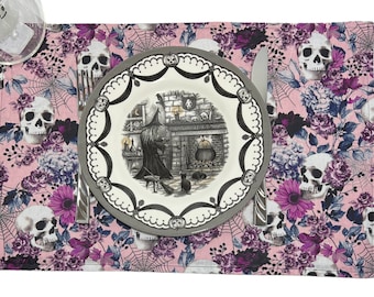 Halloween - Lot de 6 sets de table avec 1 chemin de table, ensemble de décoration de salle à manger réversible recto-verso, lot de 6