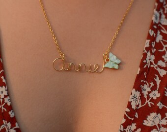 Gold Name Necklace & Jade Butterfly