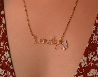 Gold or Silver Name Necklace With Pink Butterfly