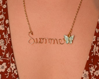 Gold or Silver Name Necklace & Ocean Blue Butterfly