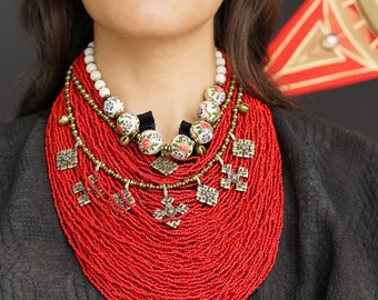 Red Multi-Strand Seed Bead Necklace, Multi-Strand Beaded Red Statement Necklace, 60 Strands Holiday Jewelry, Czech Beads, Gift Idea For Mom