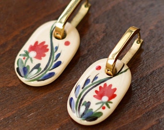 Minimalist womens earrings with floral pattern, Everyday Charming Earrings 5 cm, Handmade Painting Ukrainian Jewelry, Delicate Ethnic Style