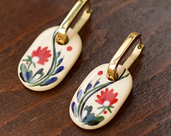 Minimalist Women Earrings With Floral Pattern, Everyday Charming Earrings, Handmade Painting Ukrainian Jewelry, Ethnic Jewelry, Gift For Her