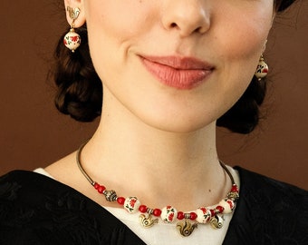 Unique Jewelry Set With Floral Pattern, Dainty Easter Jewelry, Traditional Ukrainian Choker & Earrings, Choker With Bird Pendant, Women gift