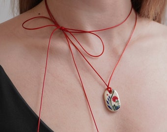 Ceramic Pendant Wrap Necklace, Floral Hand Painted Clay Jewelry