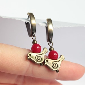 Charming Bird Earrings With Red Beads, Dangle Drop Birdie Earrings, Animals Jewelry, Vintage Style Earrings, Ethnic Jewelry, Teen Girl Gift