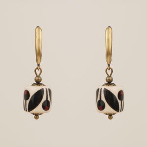 Cherry Earrings, Hand-Painted White & Black Beaded Dangle Drops, Ceramic Jewelry made in Ukraine