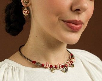 Ukrainian Pysanka Jewelry Set Choker & Earrings, Easter Jewelry Set, Folk Ukrainian Choker, Handmade Ceramic Earrings, Little Birds Pendant