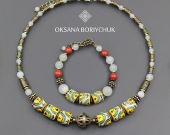 Hand-painted bead jewelry set,  Elegant women choker,  Hand-crafted bracelet,  Modern clay jewelry set, Statement choker set by Boriychuk