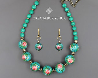 Beaded Jewelry Set, Choker and Earrings with author's painting, Statement turquoise jewelry, Jewelry by Oksana Boriychuk, Gift Idea for mom