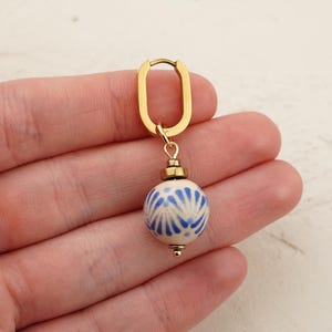 Soft Blue Ceramic Dangle Earrings, Dainty Floral Drops, Cornflower Pattern Charms