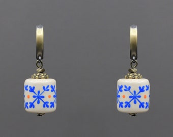 Dainty Beaded Earrings With Floral Pattern, White & Blue Ceramic Earrings, Handmade Dangle Drop Earrings, Ethnic Jewelry, Mother's Day gift