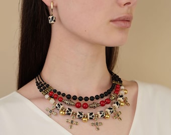 Statement Jewelry Set, Multi-Strand Choker and Dangle Earrings, Ukrainian Handmade Black Red White Jewelry