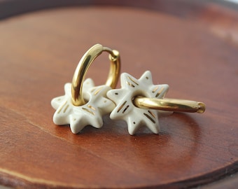 Charming White Star Beads Earrings, Handcrafted Ceramic Earrings, Unique Wedding Earrings, Hoop Bridal Earrings, Ethnic Jewelry Gift For Her