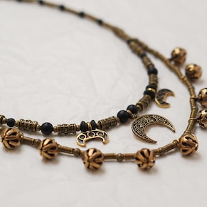 Ethnic Ukrainian Necklace, Unique Brass Crescent Zgarda, Talisman Necklace, Jewelry With Brass Bells, Metal 2 Strand Necklace, Gift For Her