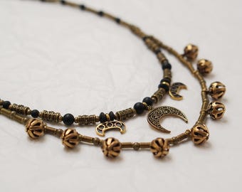 Ethnic Ukrainian Necklace, Brass Crescent Zgarda, Bells, Talisman Jewelry
