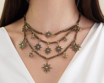Brass Christmas Star Bell Necklace: Celestial Holiday Jewelry