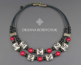 Ethnic Choker The Symbol of Rebirth by Boriychuk Oksana, Red and black hand-painted beads, Ukrainian ethnic jewelry, Royal gift idea for mom