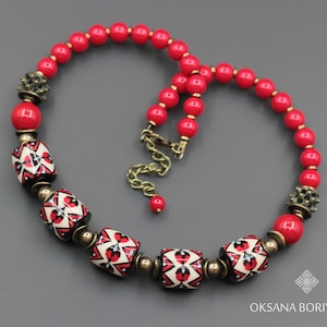 Designer's Beaded Necklace, The Cherry Orchard by Oksana Boriychuk, Bright red beads with author's colorful floral painting, Mother's day image 1