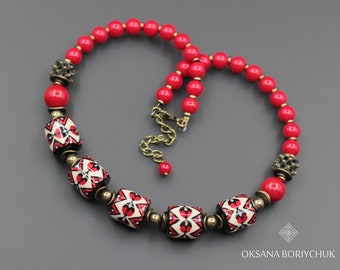 Designer's Beaded Necklace, The Cherry Orchard by Oksana Boriychuk, Bright red beads with author's colorful floral painting, Mother's day