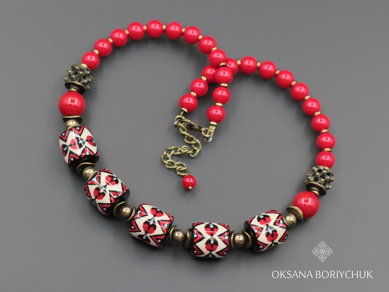 Designer's Beaded Necklace, The Cherry Orchard by Oksana Boriychuk, Bright red beads with author's colorful floral painting, Mother's day image 1