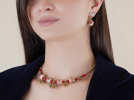 Handmade Ukrainian Ceramic Jewelry Set, Birdie Choker and Earrings