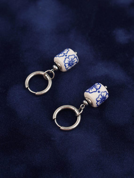 White Handmade Ceramic Earrings, Floral Dangle Drops, Blue Flower Botanical Bridal Jewelry