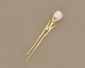 Horquilla para el cabello con forma de campanilla de invierno, horquilla de latón hecha a mano con flor de cerámica, regalo para quienes cumplen años en enero.