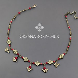 Dainty Red Necklace with Birds for Women, Spring collection Necklace, Ukrainian Ethnic Necklace, Red Necklace with color brass pendant's