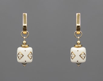 Wedding jewelry, 2024 white earrings with gold pattern, Ukrainian jewelry, designer's earrings, ethnic clay jewelry, fashion women earrings