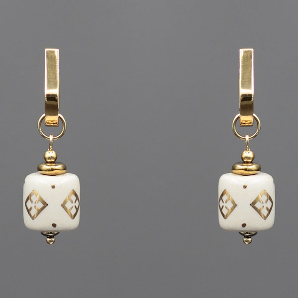 Wedding jewelry, 2024 white earrings with gold pattern, Ukrainian jewelry, designer's earrings, ethnic clay jewelry, fashion women earrings