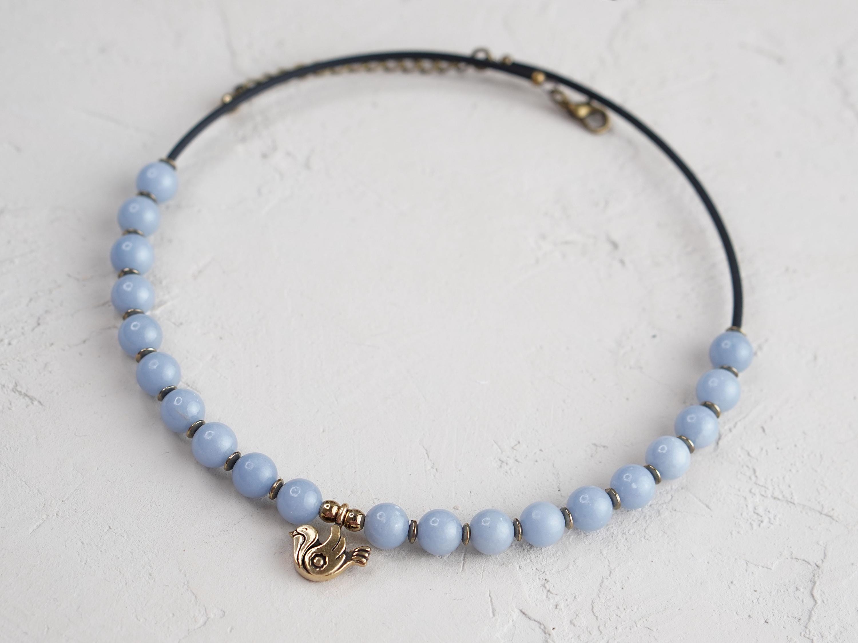 ライトブルーのビーズチョーカー ブルー ライトブルー ビーズ チョーカー ネックレス イヤリング